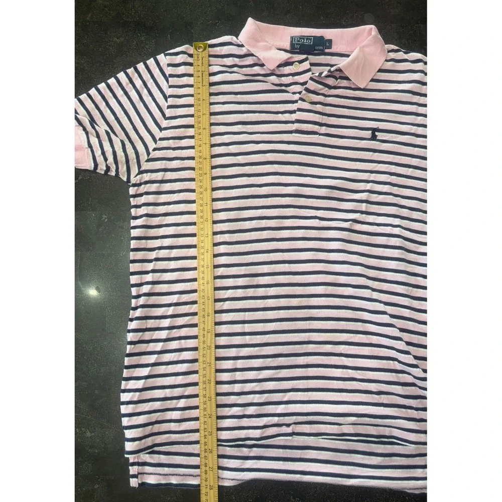 Polo Ralph Lauren Men L Pink Navy Blue Striped Short Sleeve Polo Shirt Cotton